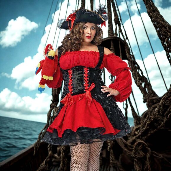 Plus Vixen Pirate Wench Costume Red Womens Size 1x 2x Halloween Cosplay Dress - Picture 1 of 9